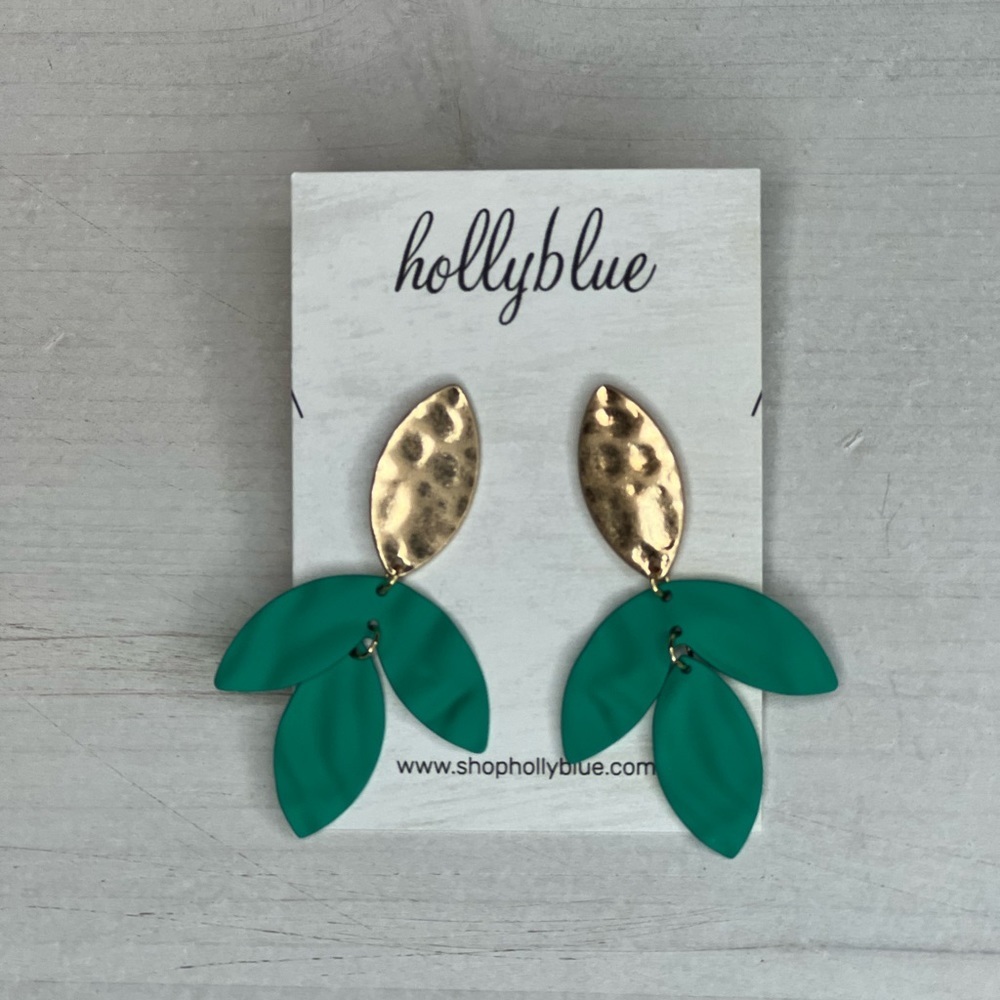 Green Color Coated Metal and Gold Tone Floral Earrings